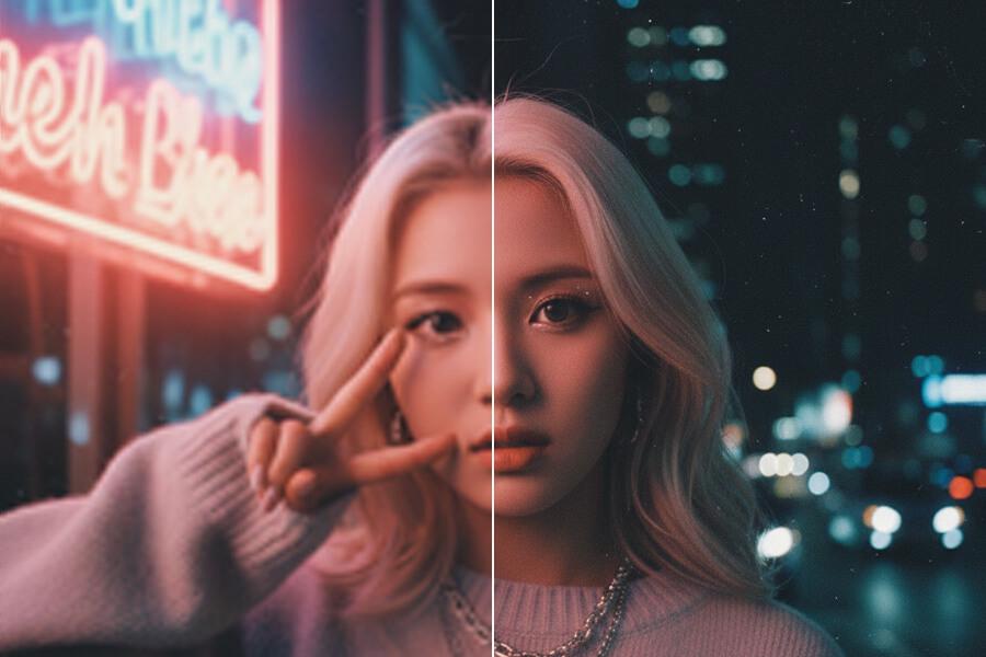 Before and after low-light social photo enhancement example