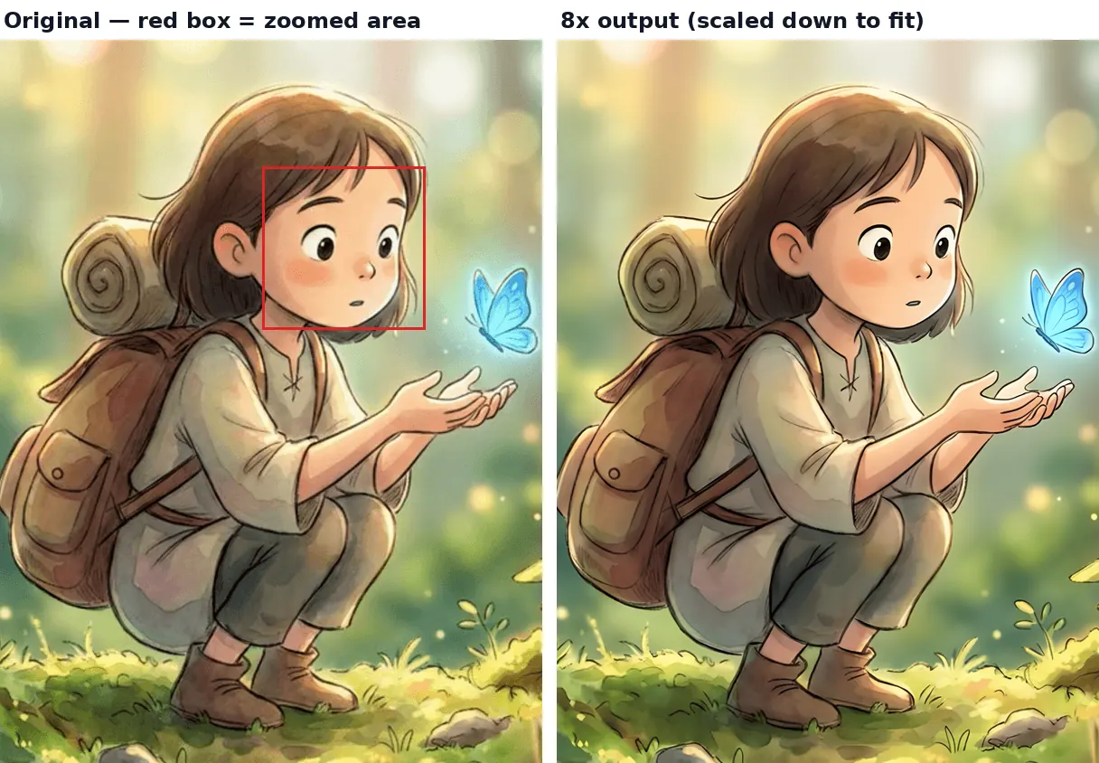 Side-by-side comparison of a 600x800 original photo with a red box marking the zoomed-in region, next to the PicUpscaler 8x output downscaled to the same display size